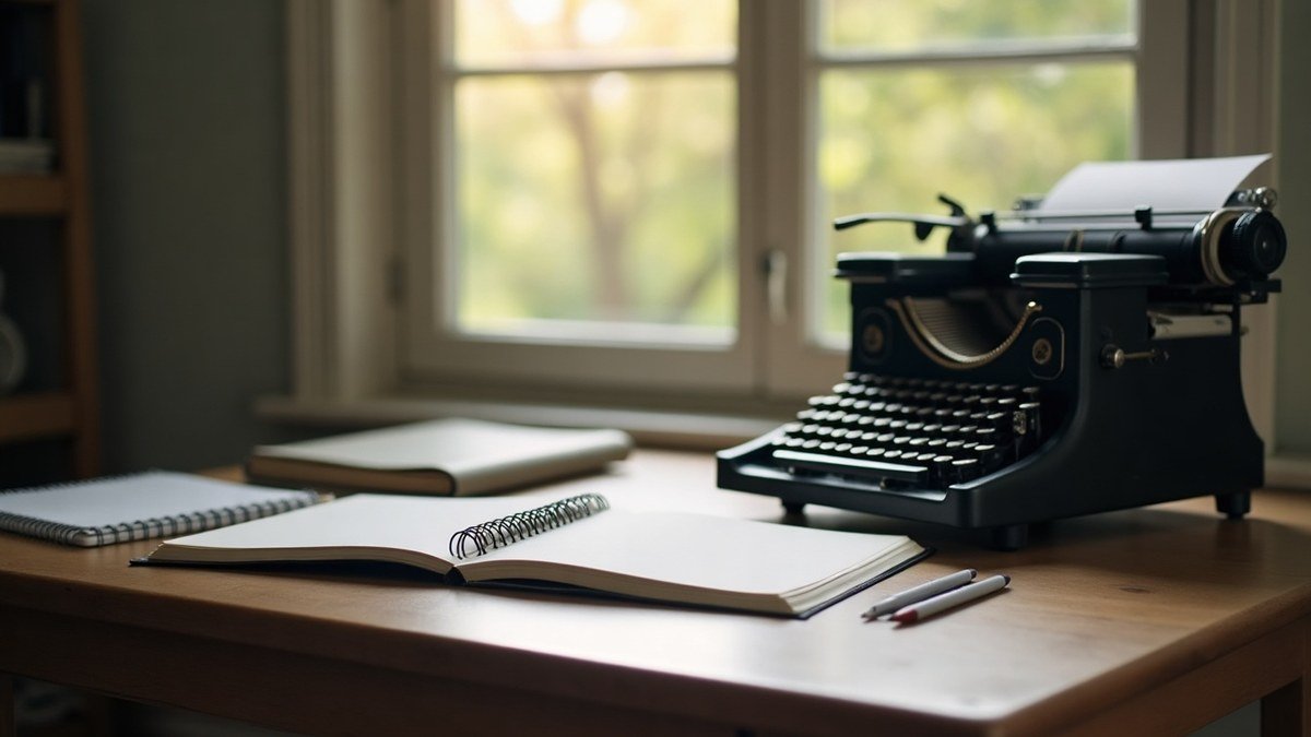 A writing desk with notebooks, a typewriter, and afternoon light